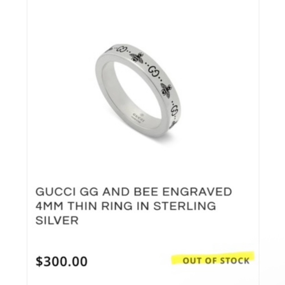 Gucci GG and Bee Engraved 4mm 925 Ring,  Size 5